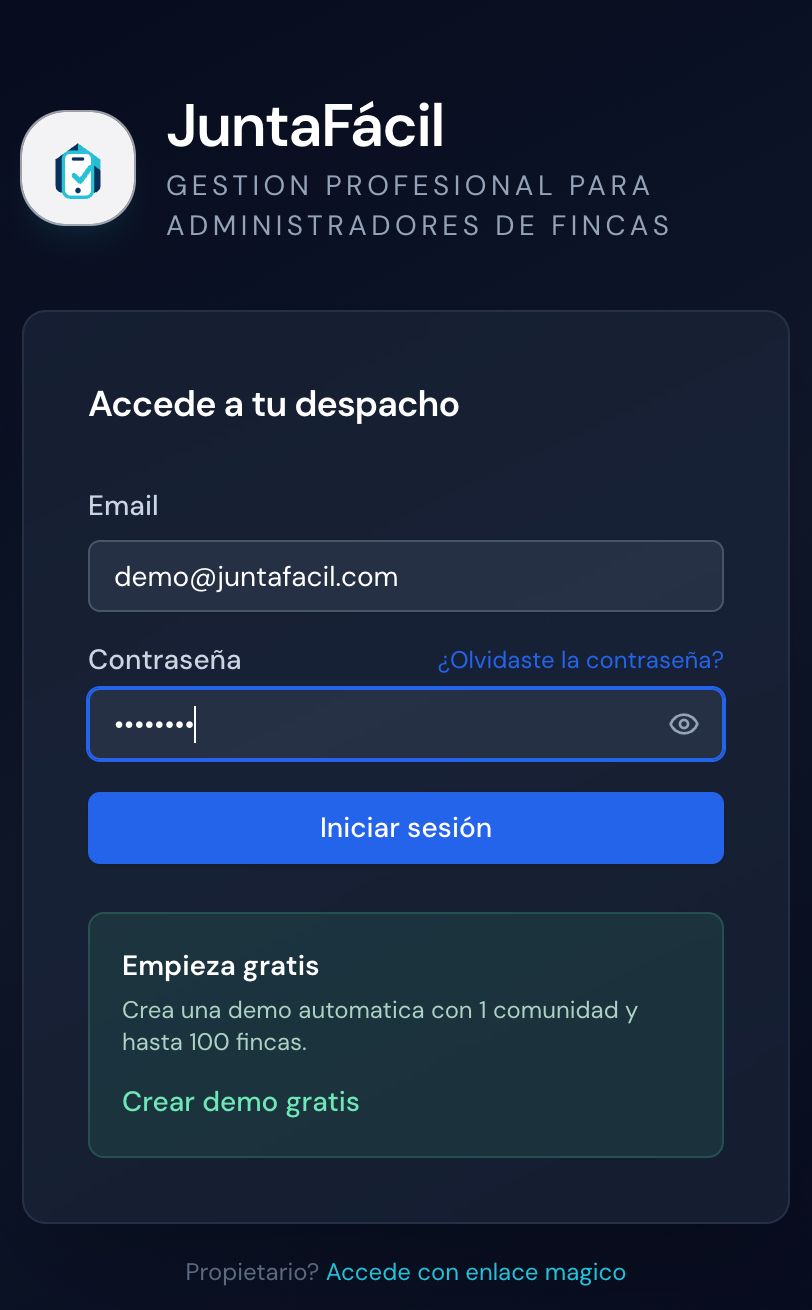 Pantalla real de acceso del despacho en JuntaFacil