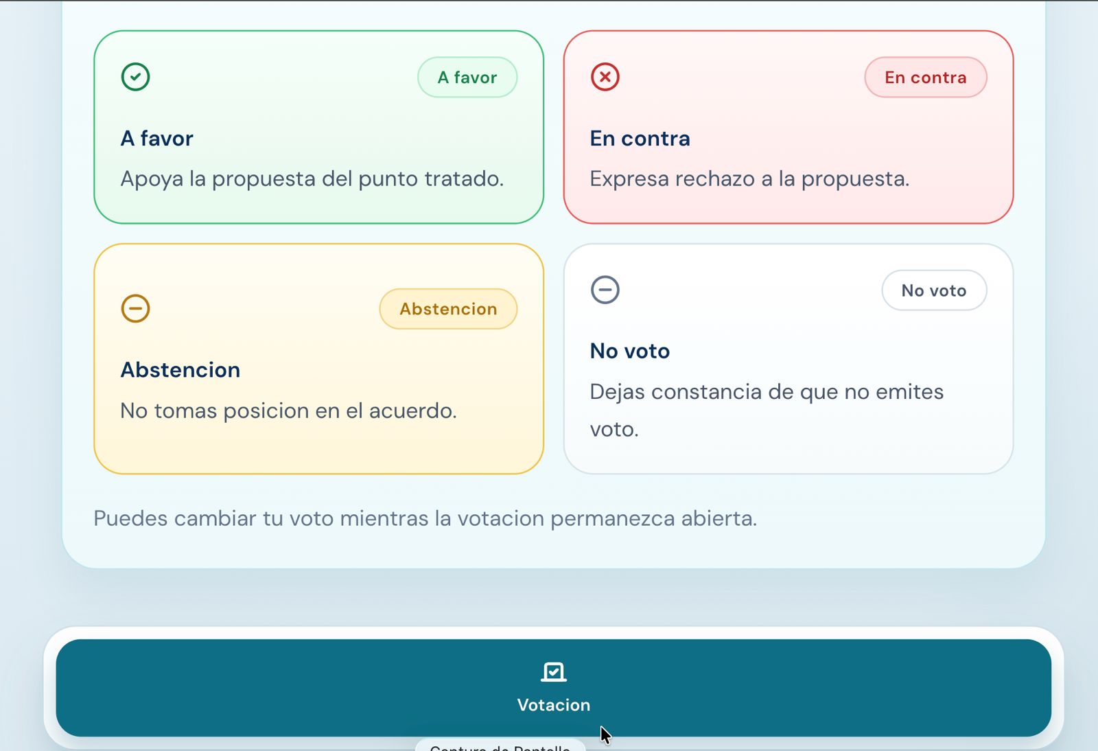 Pantalla real con opciones de voto para propietarios en JuntaFacil