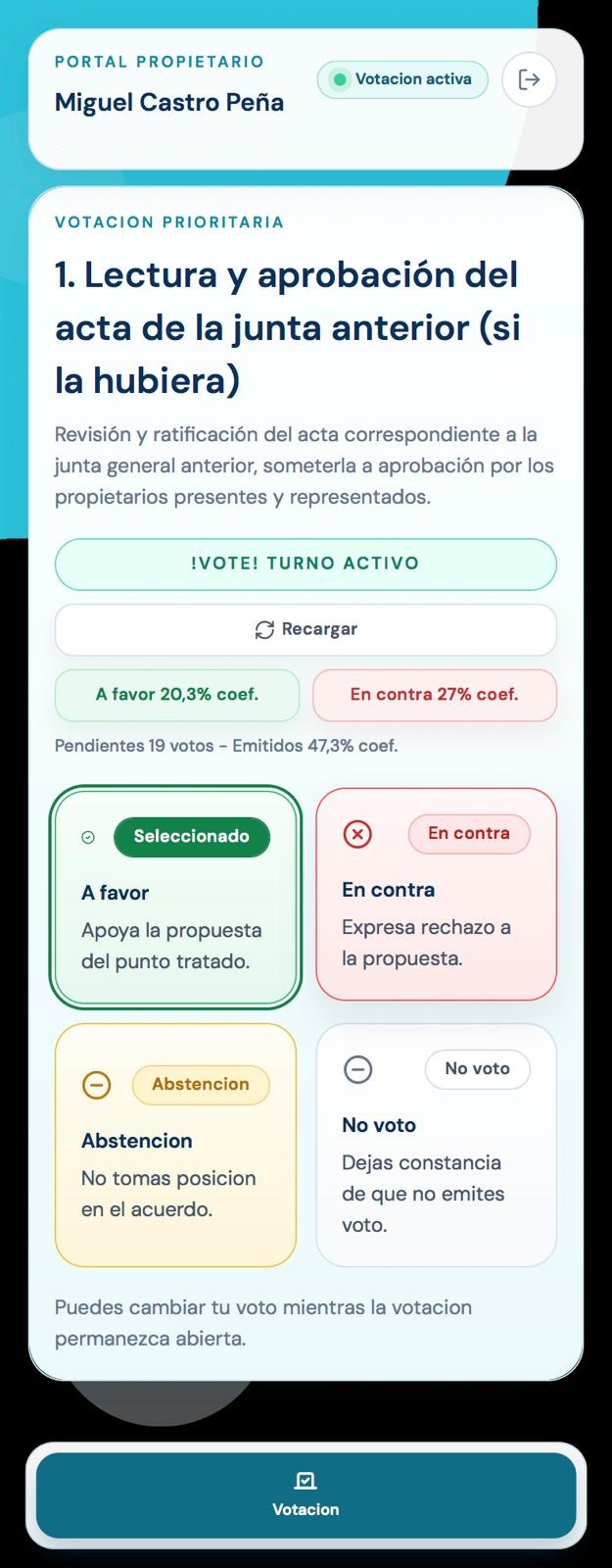 Pantalla móvil real de votación activa para propietarios en JuntaFacil